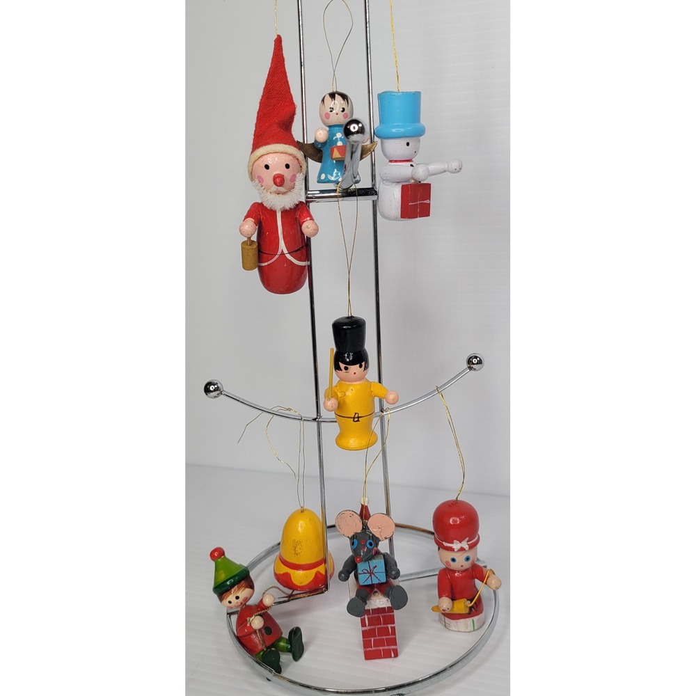 Vintage Hand Painted Wood Christmas Ornaments Tree Decor Set of 8 Santa Mouse